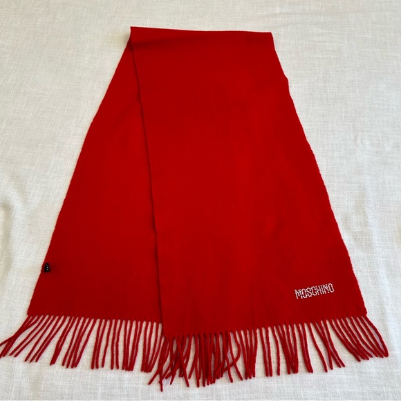 •Moschino Oversized Red Wool Rhinestones Logo Fringed Scarf 68”x14”Made in Italy - Picture 4 of 10